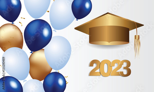 Congratulations on your graduation from school. Class of 2023. Graduation cap, confetti and balloons. Congratulatory banner. Academy of Education School of Learning