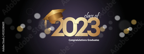 Congratulations on your graduation from school. Class of 2023. Graduation cap, confetti and balloons. Congratulatory banner. Academy of Education School of Learning