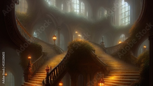 Staircase in the palace leading to the top. Large panoramic windows. Fantasy interior with a garden. Rays of the sun  shadows. Majestic staircase. 3D illustration.