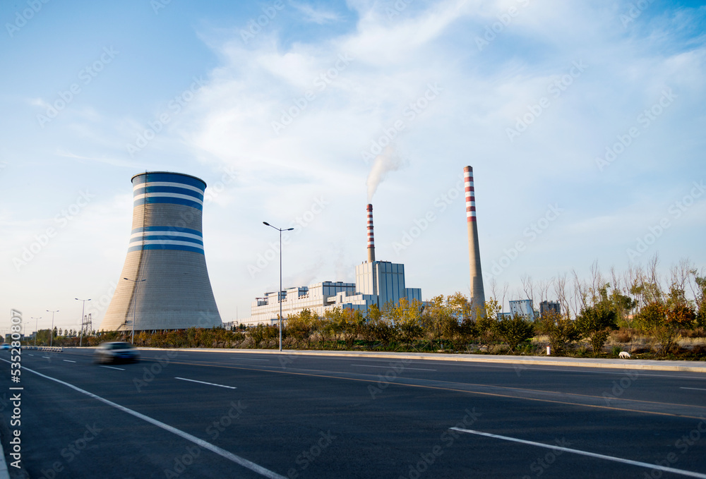 Coal power factory with chimney and cooling towers Coal power factory with chimney and cooling towers