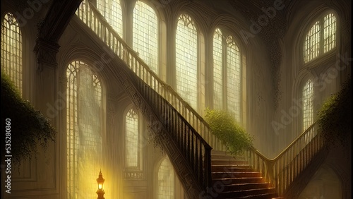 Staircase in the palace leading to the top. Large panoramic windows. Fantasy interior with a garden. Rays of the sun, shadows. Majestic staircase. 3D illustration.