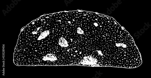 drawing of a piece of bread with prunes and sunflower seeds. The round bread element, highlighted with a white line, hand-drawn on black in the sketch style, is a side view in the section of the menu 