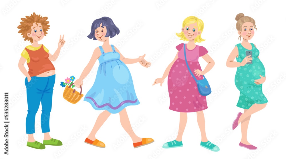 Group of four young modern pregnant women in different poses. In cartoon style. Isolated on white background. Vector flat illustration