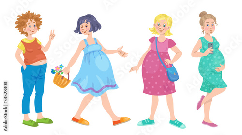 Group of four young modern pregnant women in different poses. In cartoon style. Isolated on white background. Vector flat illustration