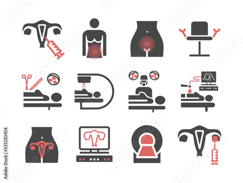 Ovarian Cancer. Symptoms, Causes, Treatment. Icons set. Vector signs for web graphics.