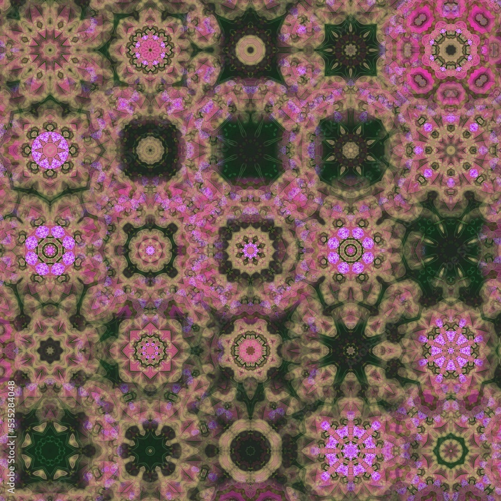 Beautiful and seamless concept, combined design of tea tree and thick moss theme of blooming kaleidoscope, geometric, mandala and seamless pattern. Great for corporate, business and decoration