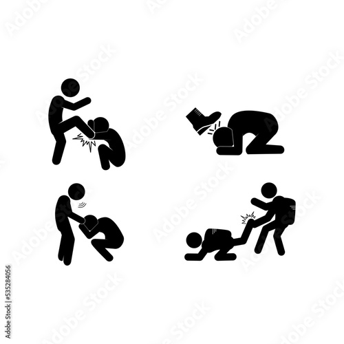 Collection bullying icon, bully persecution, harassment and hate attack, social blame, accuse victim, on white background vector illustration.