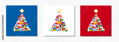Christmas tree with national flags  world peace without wars. Vector illustration  greeting card set