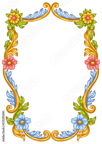 Decorative floral frame in baroque style. Colorful curling plant.