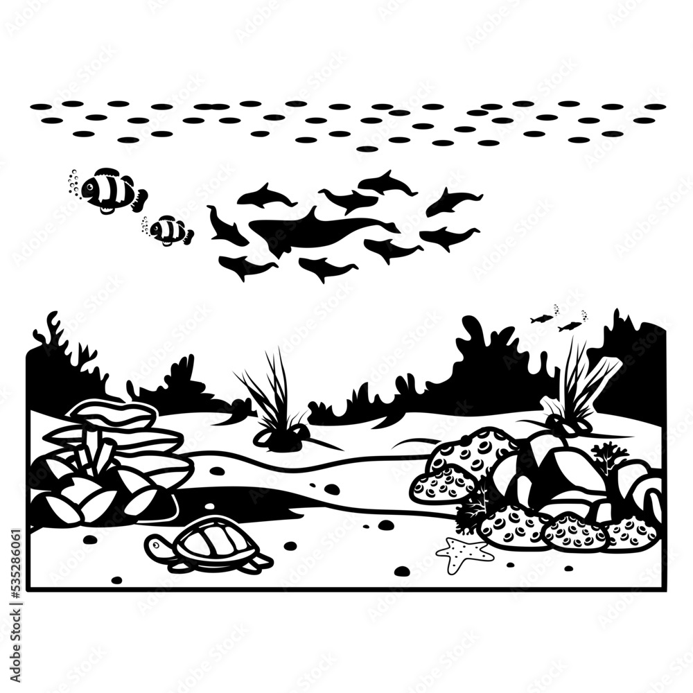 Fototapeta premium clownfish undersea wildlife vector icon , seabed scenery symbol, tropical sea under water surface stock illustration, underwater landscape with different types of sea animals concept,