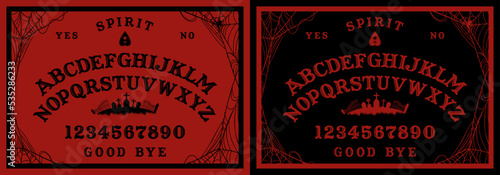 Halloween Ouija Board on wooden texture. Planchette play with calling souls and demons. Party poster. Graphic, caligraphy, typography, alphabet, letters, numbers and web. Cementery skyline.