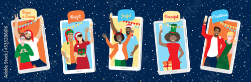 Virtual Christmas, Happy New Year fun online party vector illustration. Diverse young men, women celebrating together, greeting using safe internet videoconference technology while social distancing