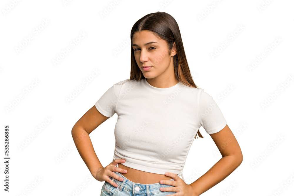 Young Indian woman isolated cutout removal background frowning face in displeasure, keeps arms folded. Young Indian woman isolated cutout removal background frowning face in displeasure, keeps arms folded.