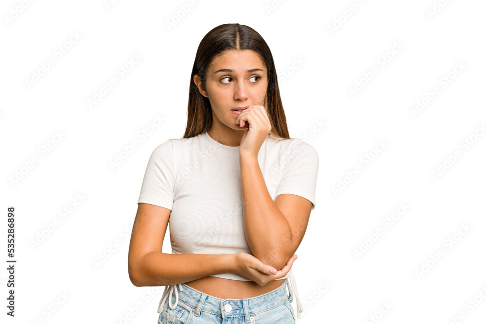 Young Indian woman isolated cutout removal background biting fingernails, nervous and very anxious. Young Indian woman isolated cutout removal background biting fingernails, nervous and very anxious.