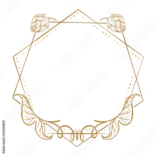 Vector polygonal dotted frame. Hops leaves and cones decoration. Wedding invitation, postcard template.