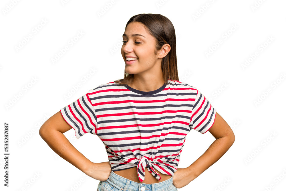 Young Indian woman isolated cutout removal background laughs happily and has fun keeping hands on stomach. Young Indian woman isolated cutout removal background laughs happily and has fun keeping hands on stomach.