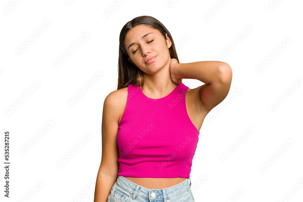 Young Indian woman isolated cutout removal background having a neck pain due to stress, massaging and touching it with hand. Young Indian woman isolated cutout removal background having a neck pain due to stress, massaging and touching it with hand.