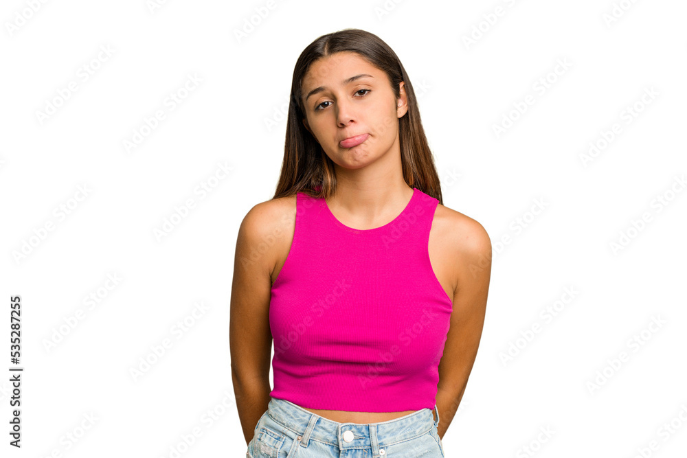 Fototapeta premium Young Indian woman isolated cutout removal background sad, serious face, feeling miserable and displeased.