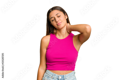 Young Indian woman isolated cutout removal background having a neck pain due to stress, massaging and touching it with hand. © Asier