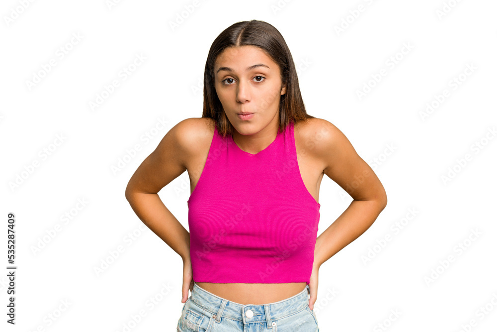 Obraz premium Young Indian woman isolated cutout removal background being shocked because of something she has seen.