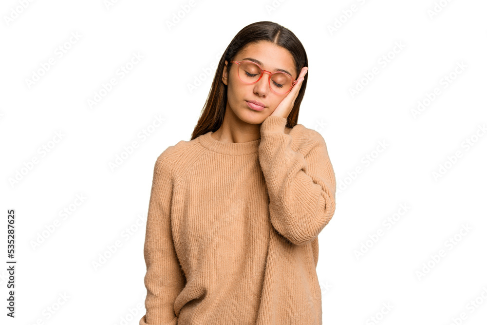 Young Indian woman isolated cutout removal background who is bored, fatigued and need a relax day. Young Indian woman isolated cutout removal background who is bored, fatigued and need a relax day.