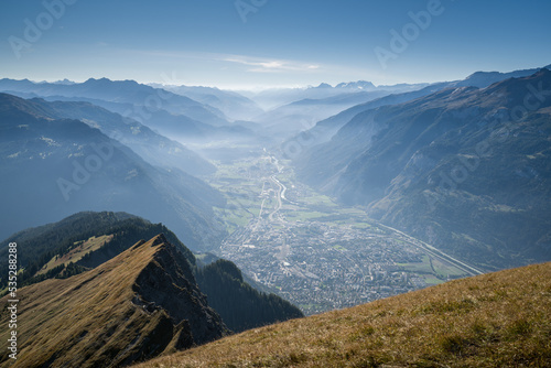 The city of Chur and the Rhine valley, looking south from Montalin (2266 m), Graubünden, Switzerland