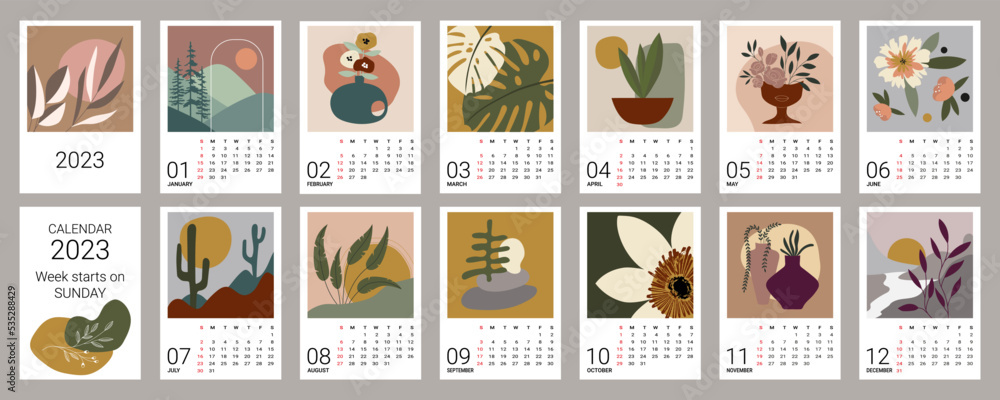 Calendar template for 2023. Vertical design with abstract natural patterns. An editable illustration, a set of 12 months with a cover. Vector grid. The week starts on Sunday