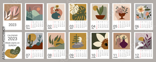 Calendar template for 2023. Vertical design with abstract natural patterns. An editable illustration, a set of 12 months with a cover. Vector grid. The week starts on Sunday
