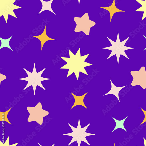 Seamless children s pattern on a purple background. Stars of various shapes.