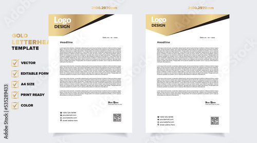gold letterhead template for business company stationery design with A4 sheet vector format and editable layout in golden color