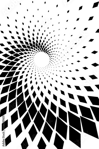 Abstract Black and White Geometric Pattern with Squares. Spiral-like Spotted Tunnel. Contrasty Halftone Optical Psychedelic Illusion. Raster. 3D Illustration