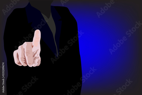 Business man touching an imaginary screen on light blue background. vector illustration.