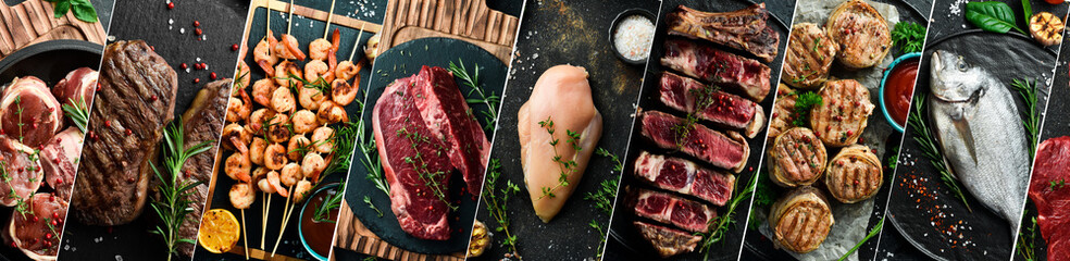 Background: meat and seafood. A set of different types of meat and seafood. Photo collage.
