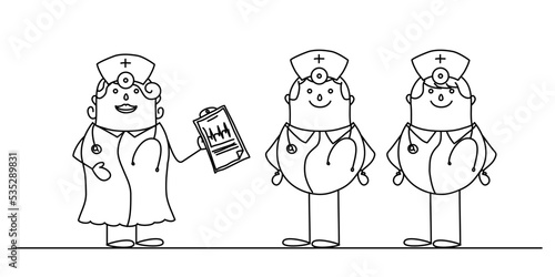 Hand drawn cartoon man and woman doctor discussing over a medical report. Female mature doctor discussing patient case status. Healthcare staff meeting.