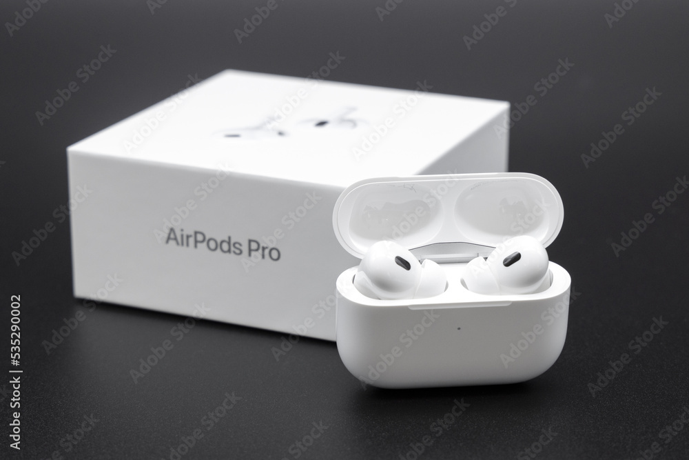 Apple AirPods Pro 2nd generation inside case next to packaging box on  October 2, 2022 in Germany Photos | Adobe Stock