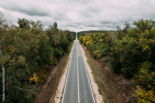 Aerial top view of the empty road between green and yellow autumn trees and cloudy sky. Drone shot of an asphalt road in the countryside.