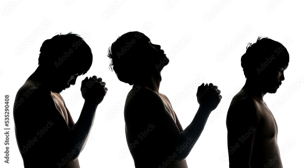 half-person silhouette in prayer gesture on white background