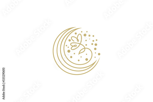 Crescent moon logo with flowers in continuous line design style