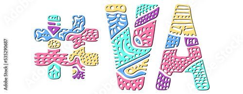 VA Hashtag. Multicolored bright isolate curves doodle letters. Hashtag #VA is abbreviation for the US American state Virginia for social network, web resources, mobile apps.