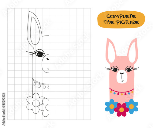 Copy the symmetrical drawing of a cute llama in cages. Drawing task for children on a grid, educational vector illustration. The page of the coloring book.