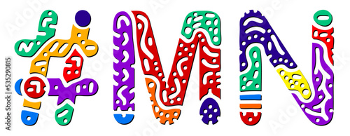 MN Hashtag. Multicolored bright isolate curves doodle letters. Hashtag #MN is abbreviation for the US American state Minnesota for social network, web resources, mobile apps.