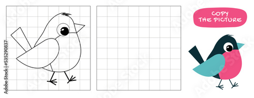Copy the symmetrical drawing of a cute bullfinch, a bird in cages. Drawing task for children on a grid, educational vector illustration. The page of the coloring book.