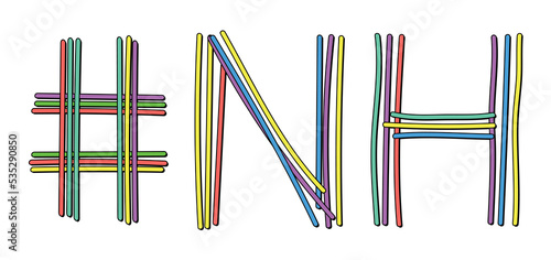 NH Hashtag. Isolate neon doodle lettering text from multi-colored curved neon lines like from a felt-tip pen, pensil. #NH is abbreviation for the US America state New Hampshire for banner, social netw