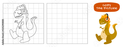 Copy the symmetrical drawing of a cute funny dinosaur in cages. Drawing task for children on a grid, educational vector illustration. The page of the coloring book.