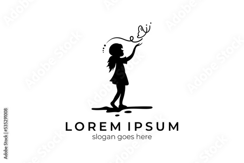 girl playing with butterfly, creative logo design