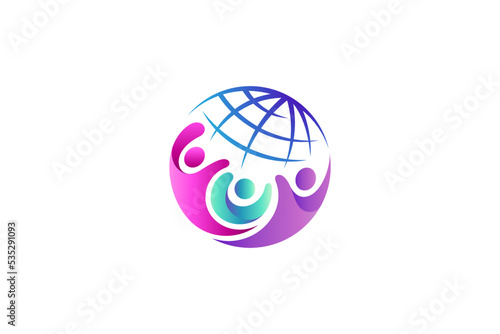 world or globe logo with people community or family, teamwork icon, world peace, charity care