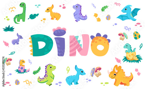 Dino or dinosaur lettering. Cute childish sign for birthday greeting card  baby shower invitation  posters. Vector cartoon illustration.