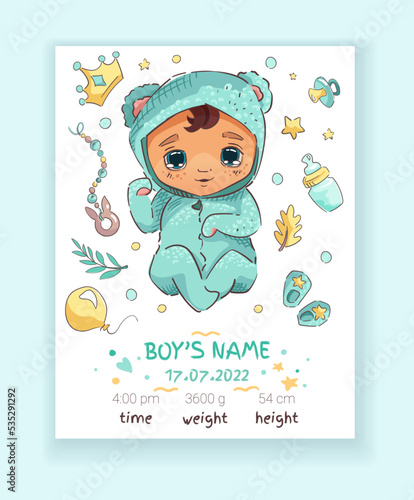 Baby birth card for newborn boy with name, height, weight, date of birth. Cute hand drawn children. Vector Illustration, poster for kids with newborn metric for children bedroom