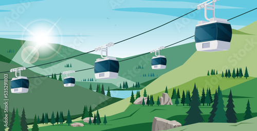 The cable car goes up and down for tourists to see the mountains.