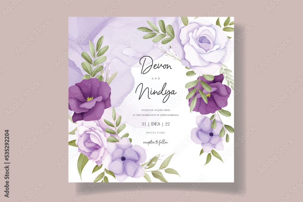 Beautiful purple flower wedding invitation card design Stock Vector